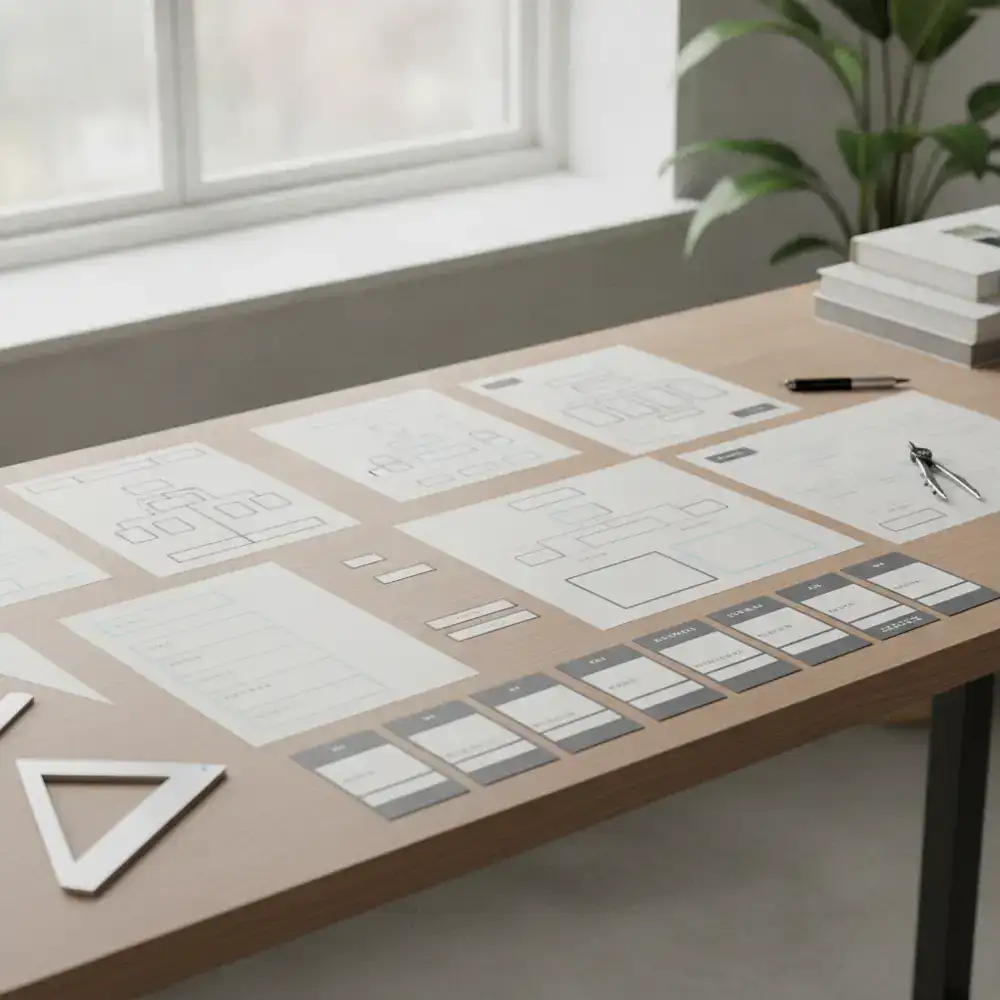 Clean editorial wireframes and typography scale of the game UI