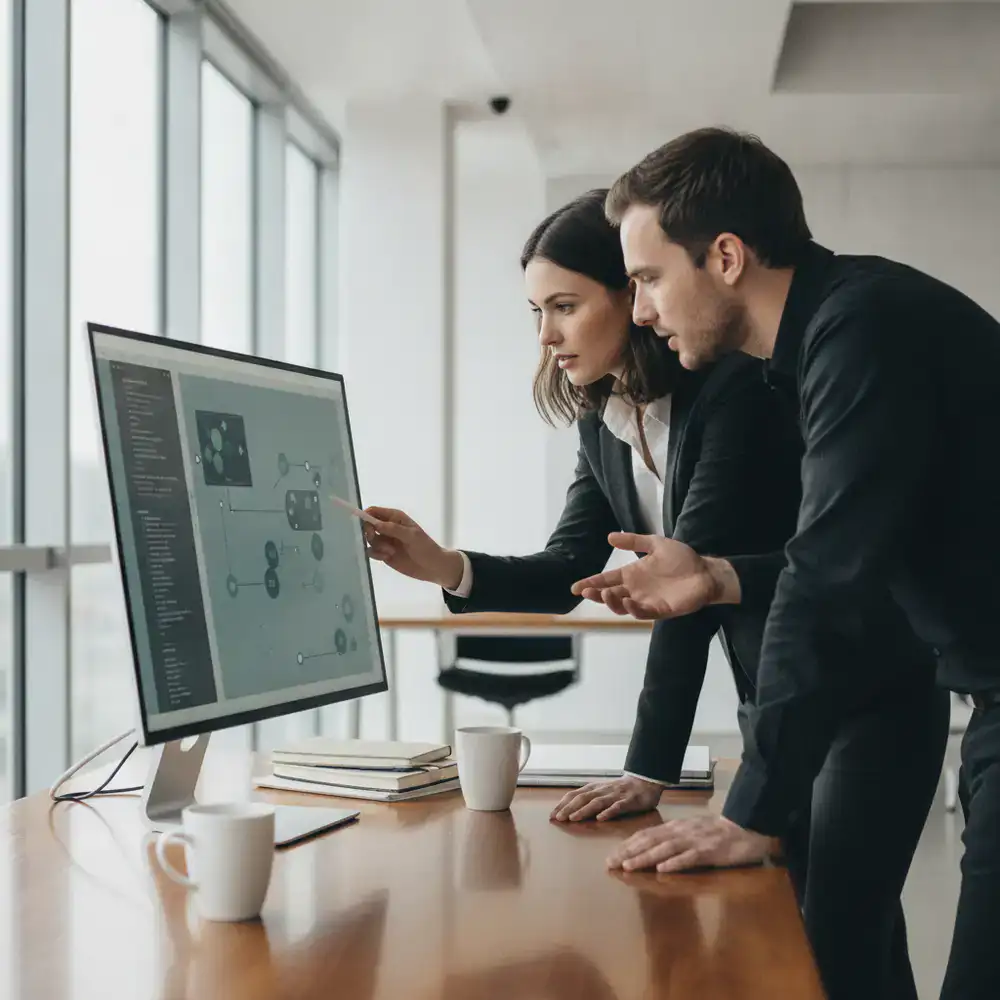 Developers reviewing logic game code on a monitor