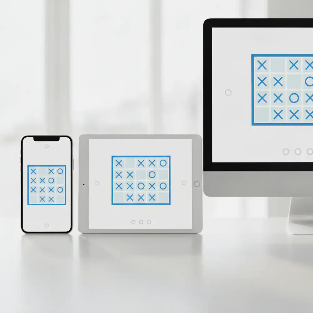 TicTac Logic game interface shown adapting seamlessly across mobile, tablet, and desktop screens