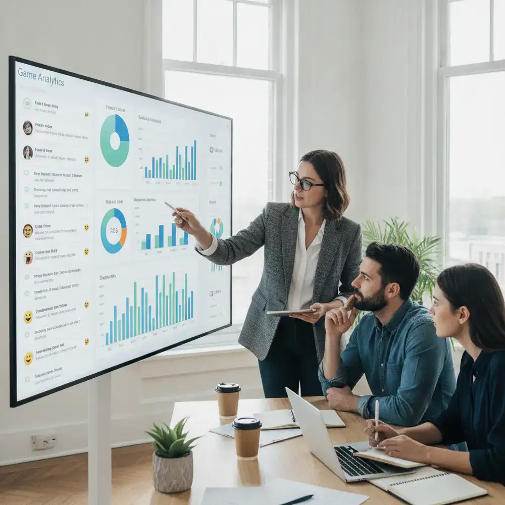 Developers reviewing post-launch analytics and community feedback for future game updates